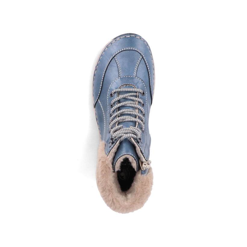 Blaubeige Rieker Damen Schnürstiefel 44530-14 mit Rieker Air Sohlenfenster. Schuh von oben.