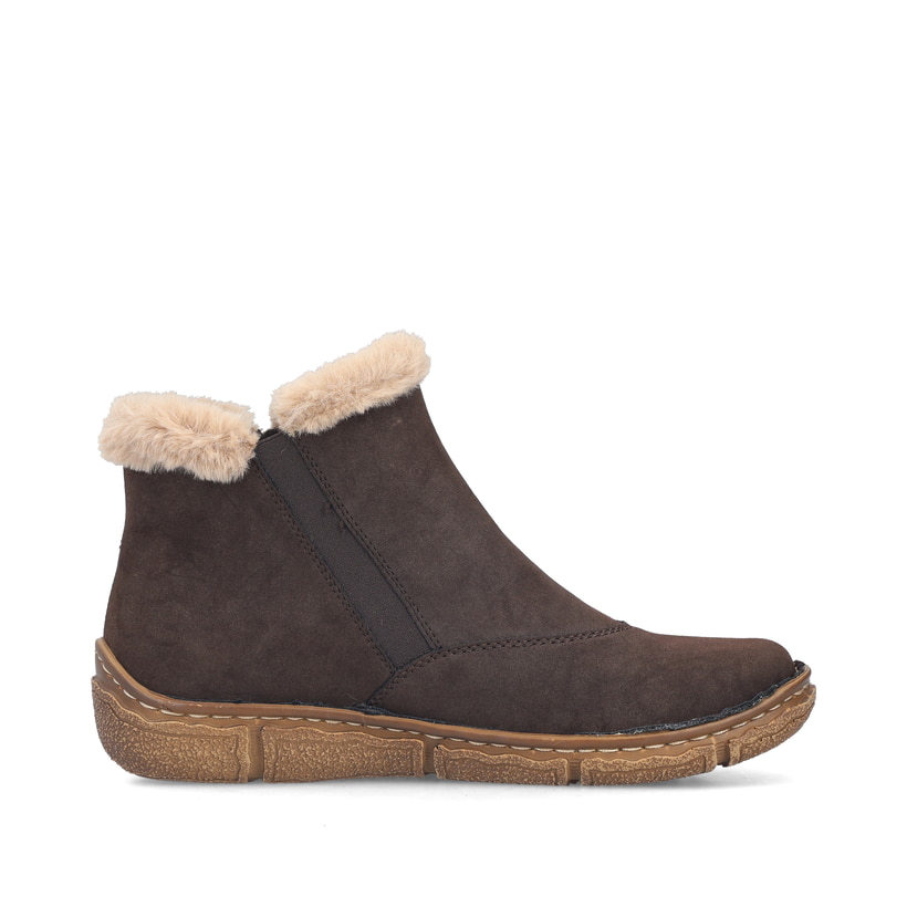 Dunkelbraune Rieker Damen Kurzstiefel Z3753-25 mit weichem Kragen. Schuh Innenseite.