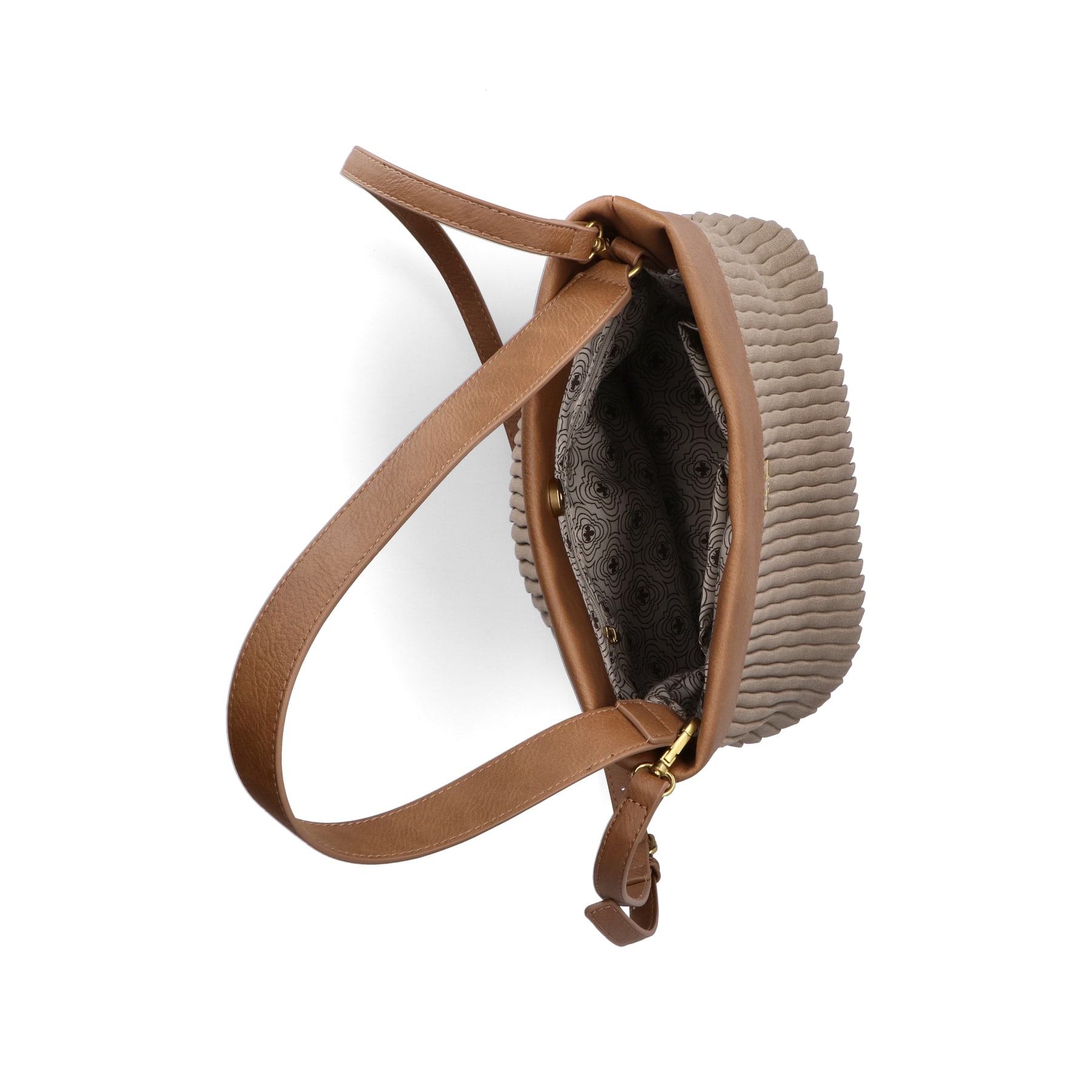 Rieker Handtasche H1654-60 in Beige mit Lamellen-Optik, Reißverschluss und Handyfach. Geöffnet.