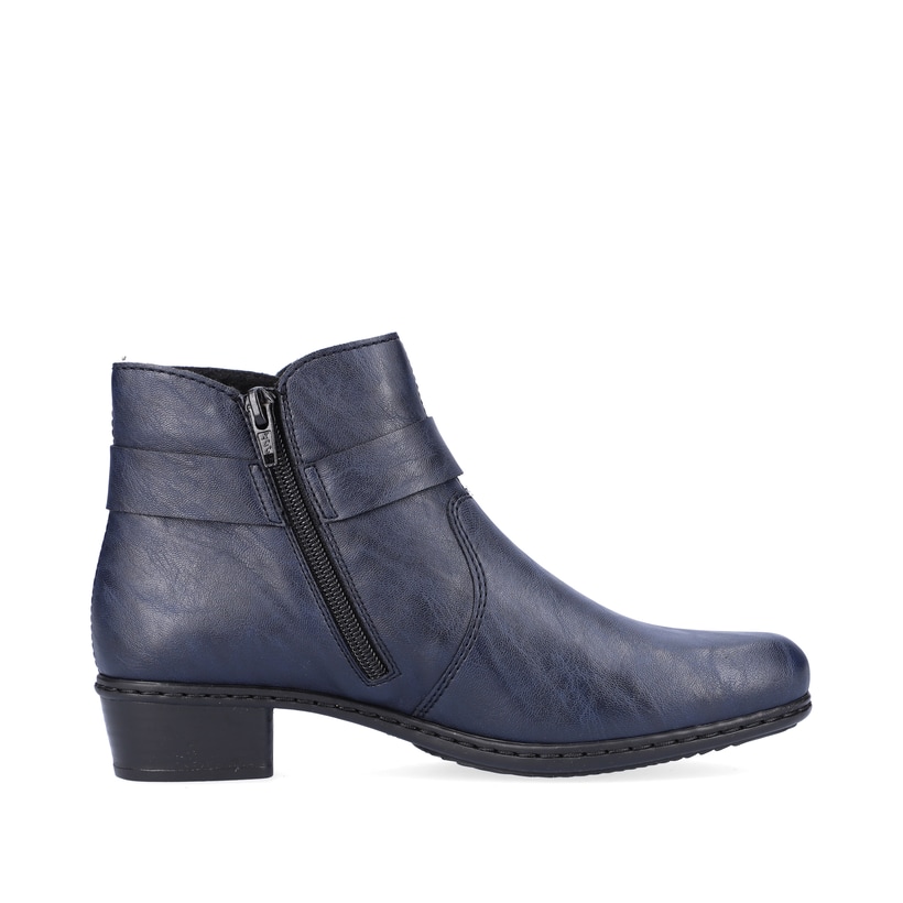 Schieferblaue Rieker Damen Stiefeletten Y0775-14 mit Reißverschluss sowie Blockabsatz. Schuh von hinten