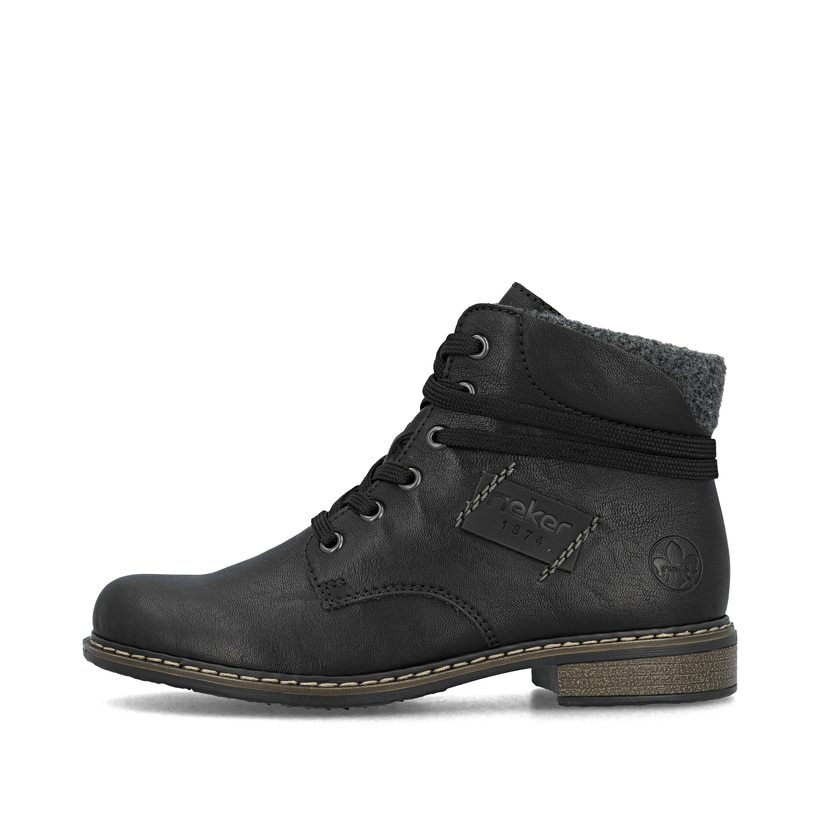 
Asphaltschwarze Rieker Damen Schnürstiefel 71222-01 mit Schnürung und Reißverschluss. Schuh Außenseite