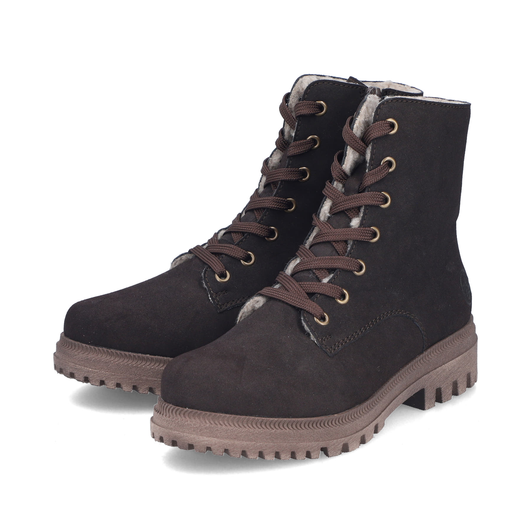 Dunkelbraune Rieker Damen Biker Boots Y7622-25 mit einem Reißverschluss. Schuhpaar seitlich schräg.