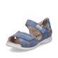 Blaue Rieker Damen Riemchensandalen V7474-10 mit einem Klettverschluss. Schuh seitlich schräg.