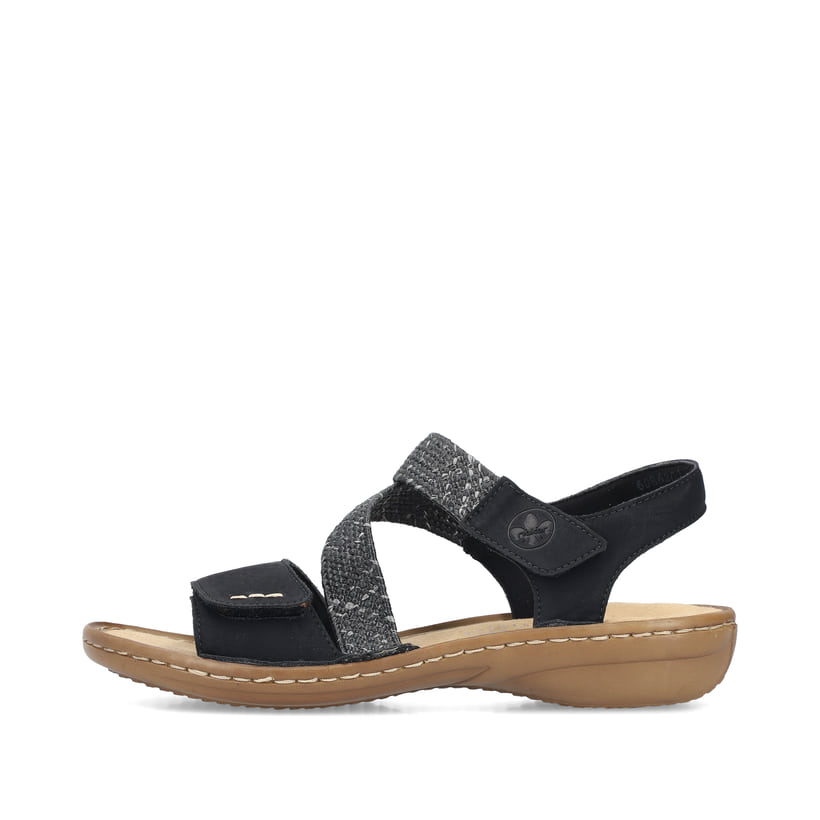 Schwarze Rieker Damen Riemchensandalen 60862-00 mit einem Klettverschluss. Schuh Außenseite.