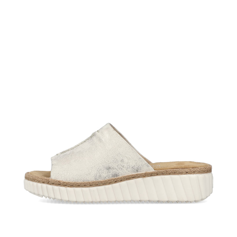 Beige Rieker Damen Pantoletten 69288-60 mit moderner Spannnaht. Schuh Außenseite.