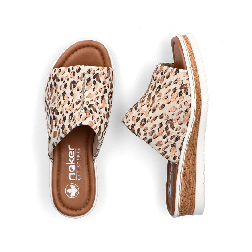 Mules Rieker beiges pour femme V4188-60 avec imprimé animal à la mode. Chaussure vue de dessus, couchée.