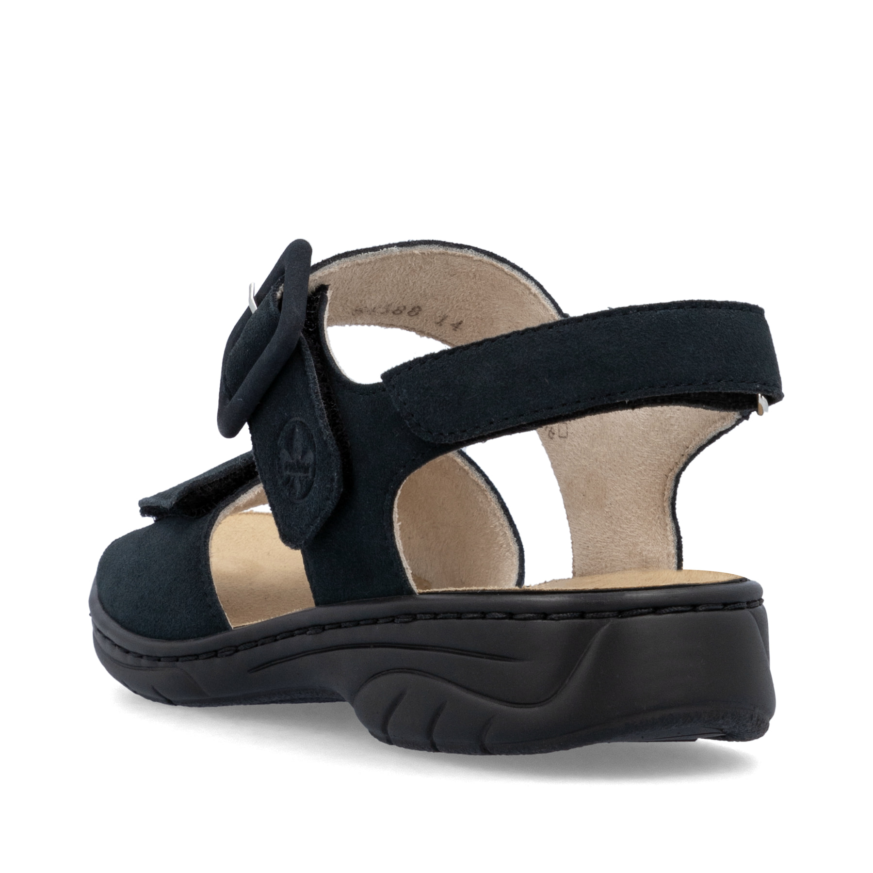 Blaue Rieker Damen Riemchensandalen 64588-14 mit trendigen Schnalle. Schuh von hinten.