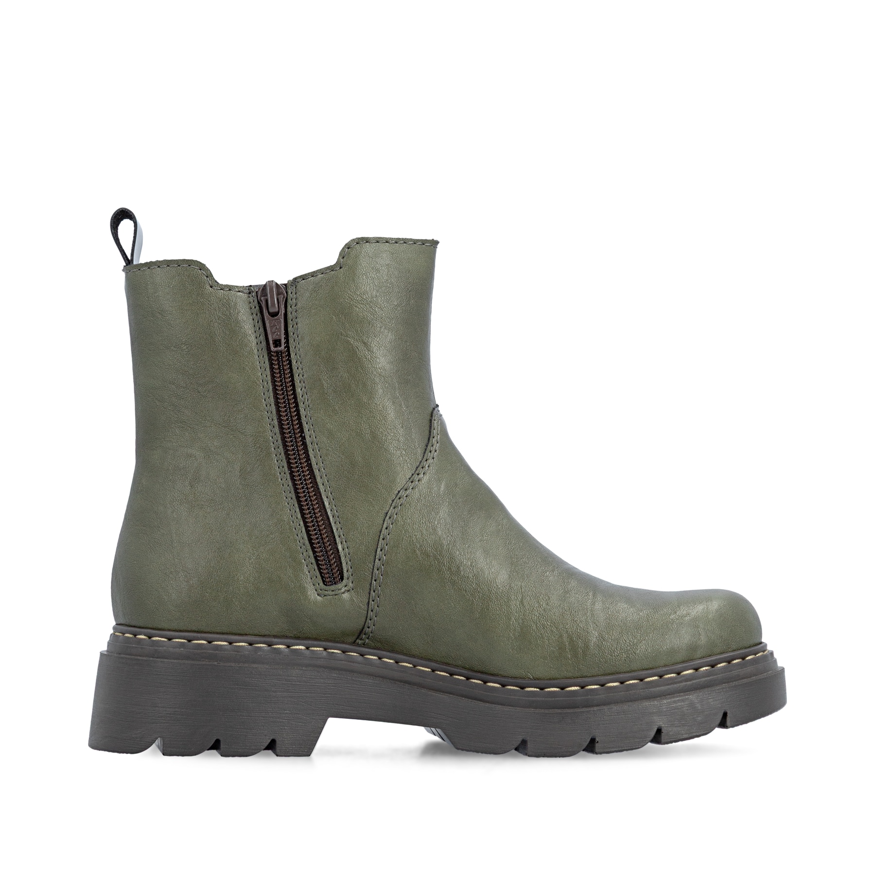 Dunkelgrüne Rieker Damen Chelsea Boots 76750-54 mit einem Reißverschluss. Schuh Innenseite.