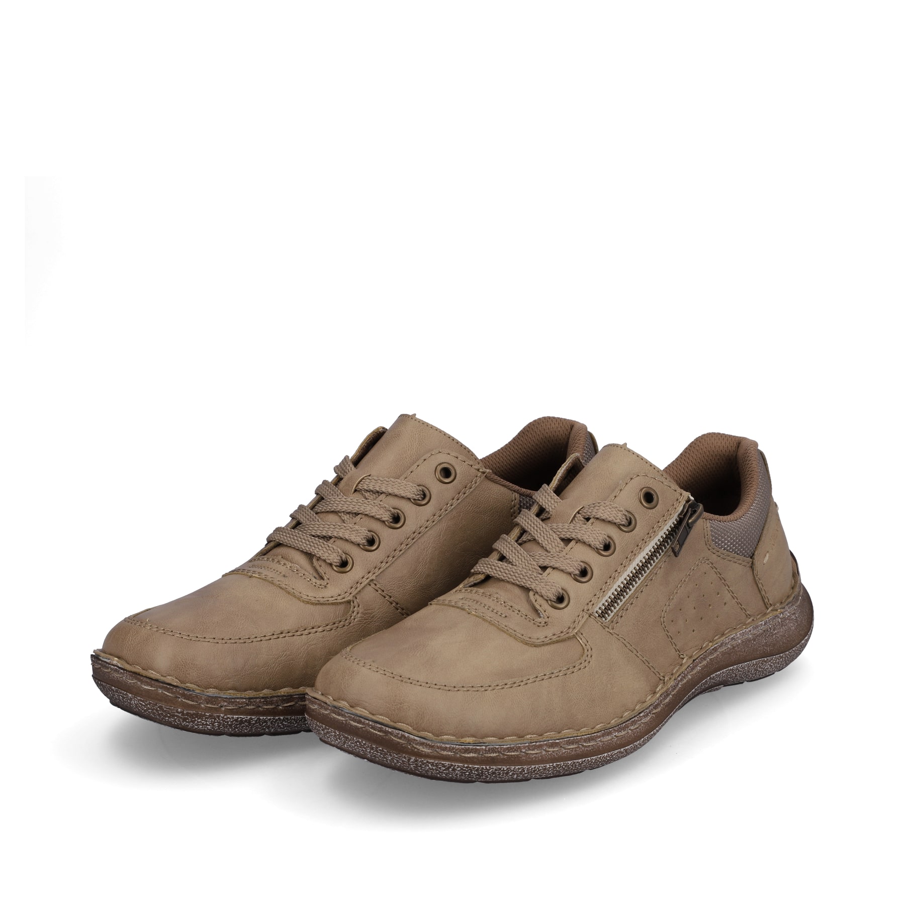 Beige Rieker Herren Schnürschuhe 03010-64 mit Reißverschluss sowie Extraweite H. Schuhpaar seitlich schräg.