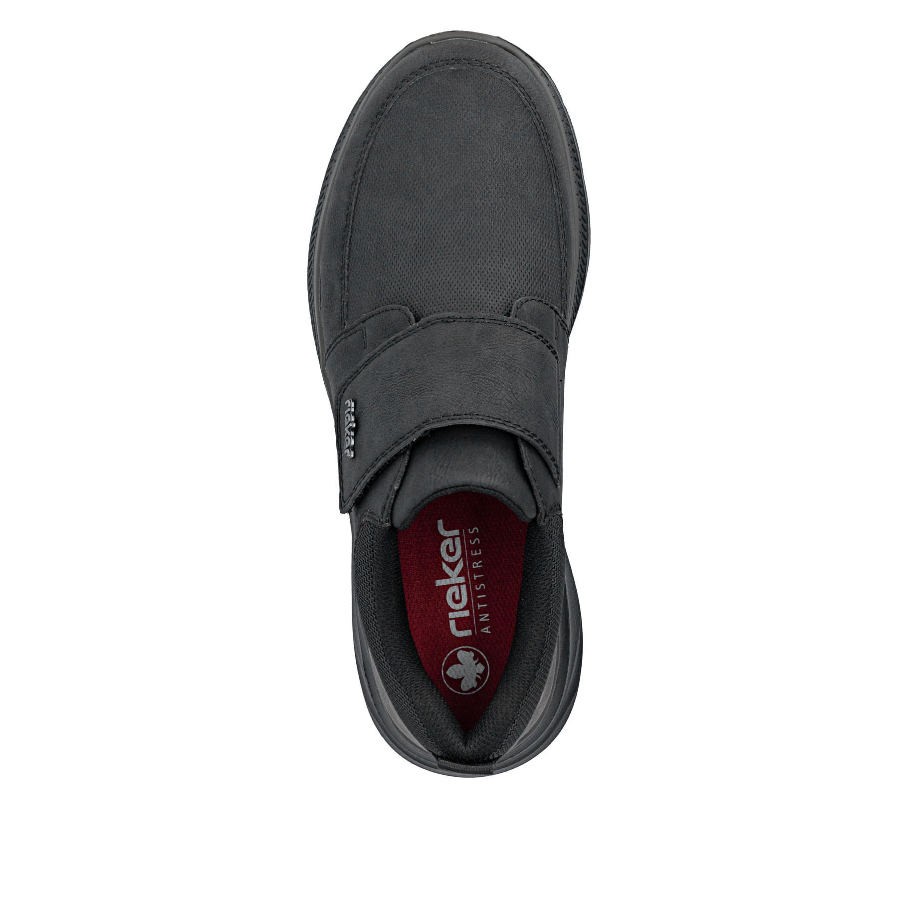Schwarze Rieker Herren Slipper B1854-00 mit der lightsole+ sowie Klettverschluss. Schuh von oben.