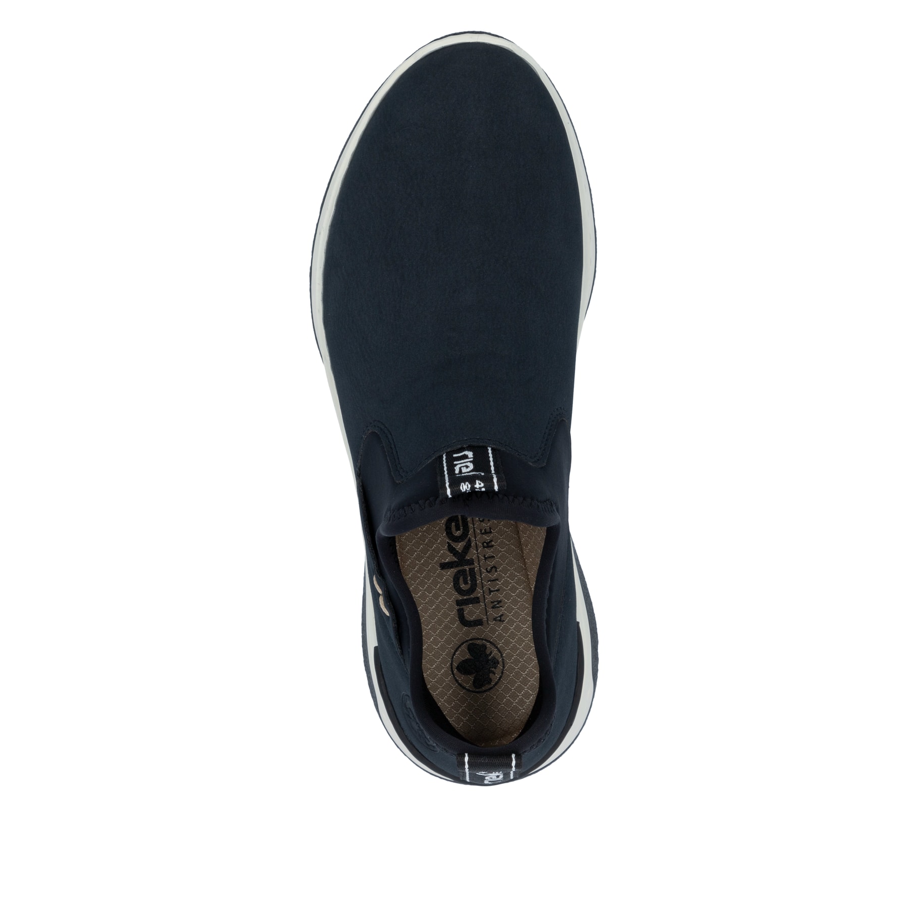 
Marineblaue Rieker Damen Slipper M0053-14 mit einer schockabsorbierenden Sohle. Schuh von oben