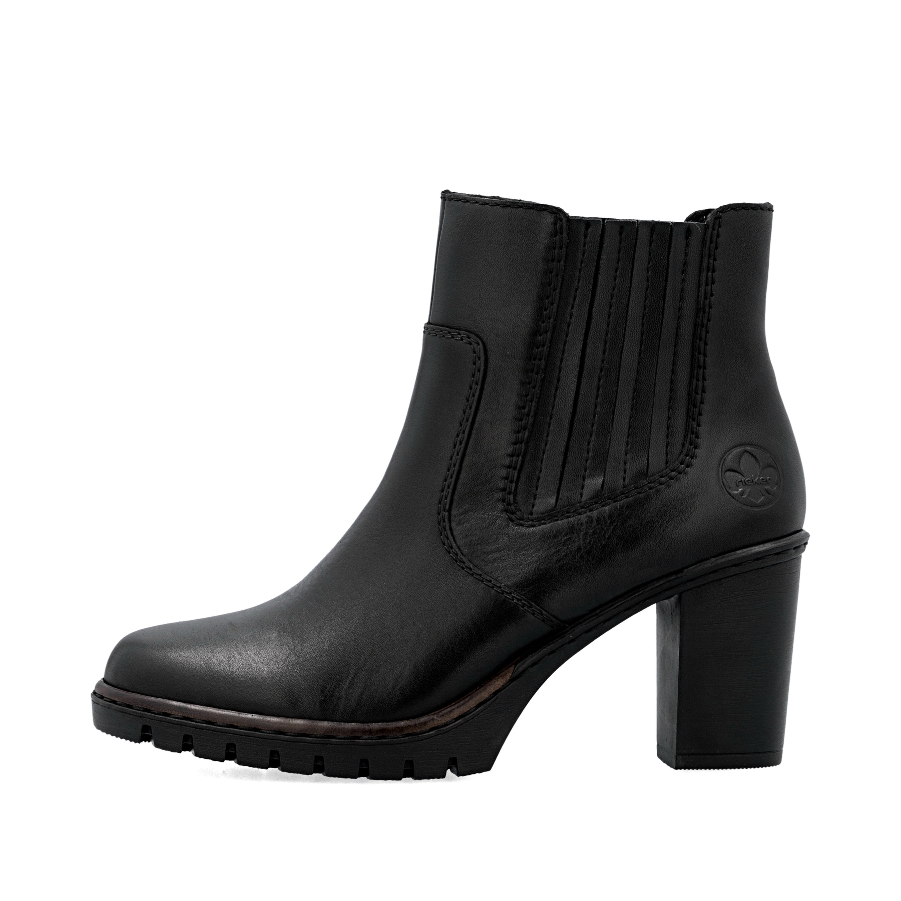 Schwarze Rieker Damen Stiefeletten Y2577-00 aus Glattleder mit Reißverschluss. Schuh Außenseite.