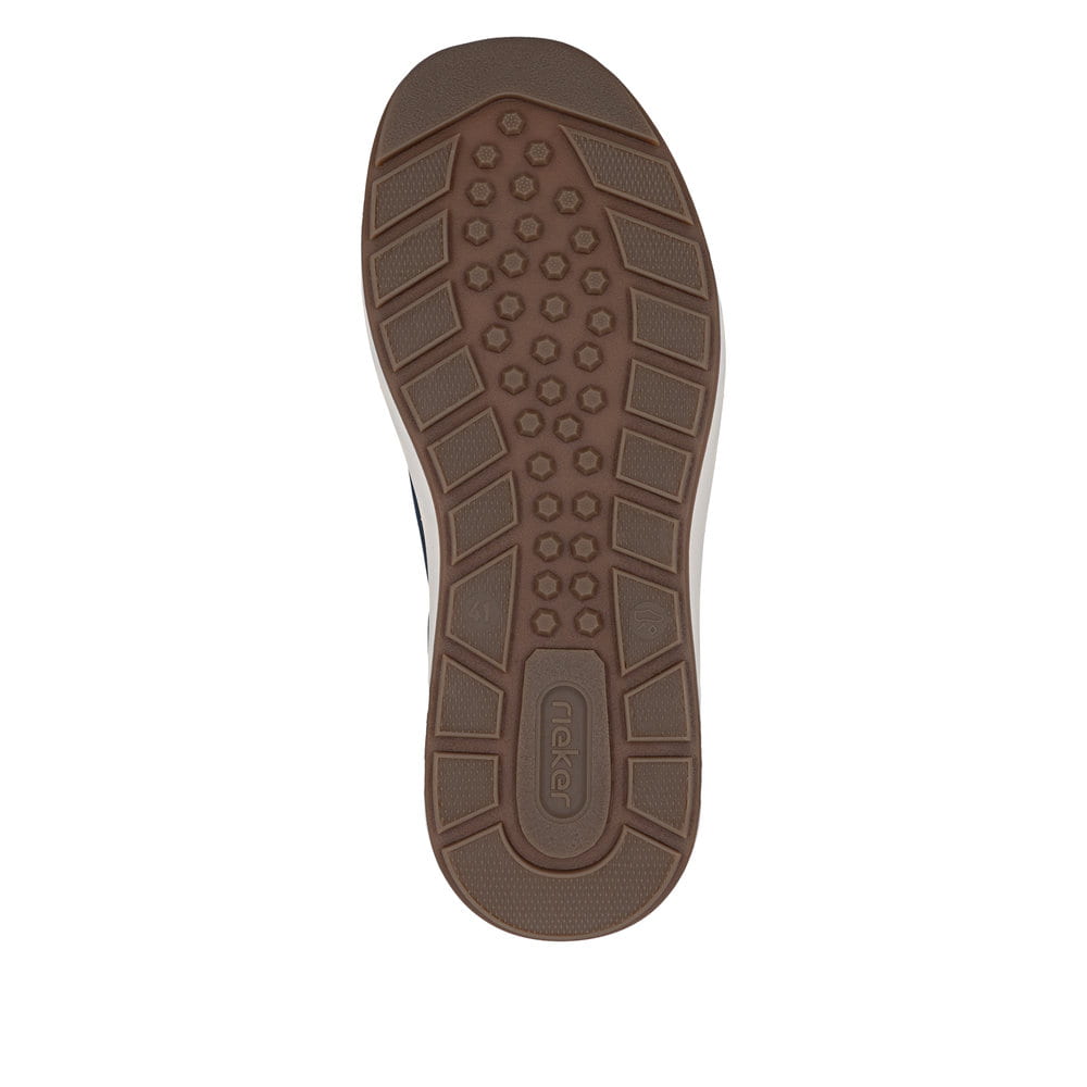 Baskets basses Rieker bleues pour homme 11504-14 avec fermeture éclair. Semelle extérieure de la chaussure.