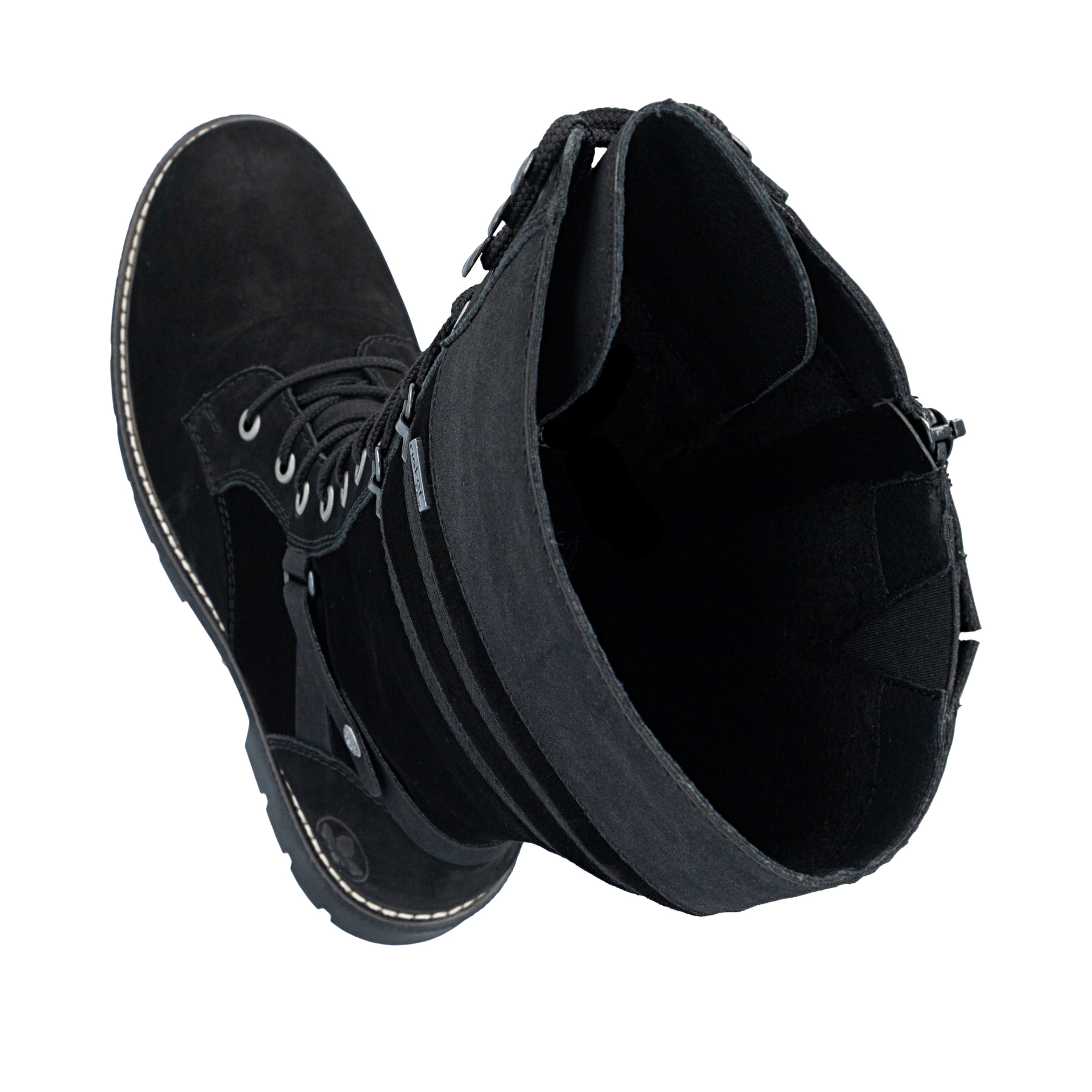 Schwarze Rieker Damen Hochschaftstiefel Y8101-00 aus Rauleder. Schuh von oben, liegend.
