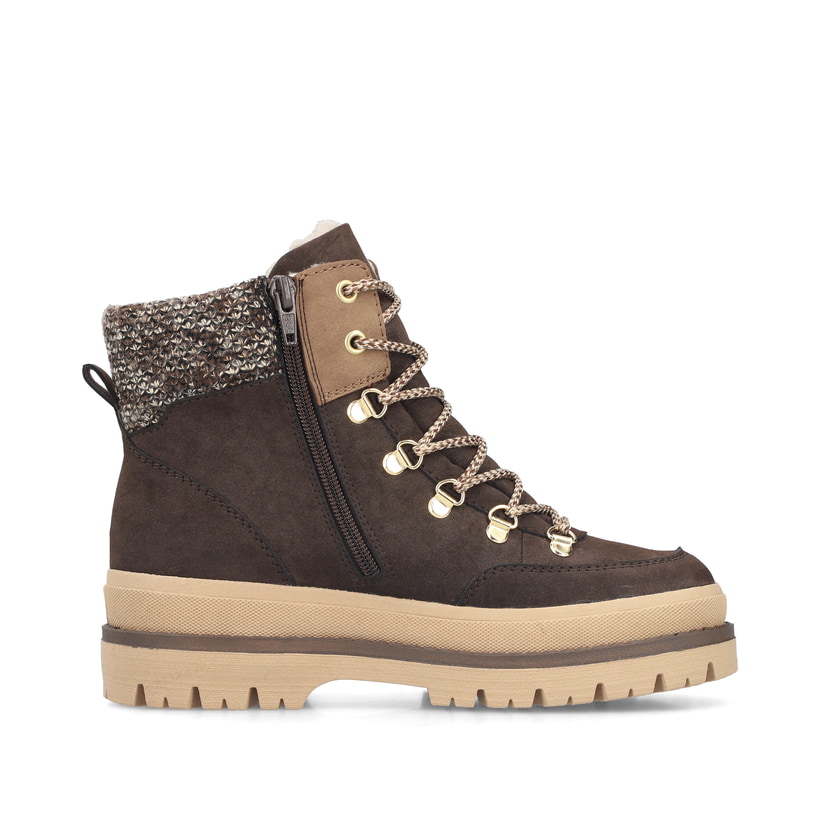 Dunkelbraun-beige Rieker Damen Schnürstiefel Y6210-25 mit Strick-Kragen. Schuh Innenseite.