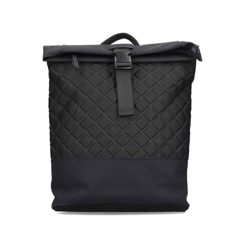 Rieker Rucksack H1550-01 in Schwarz mit praktischem Rolltop, Reißverschluss und Steckschnalle sowie einem 14" Laptopfach. Vorderseite.