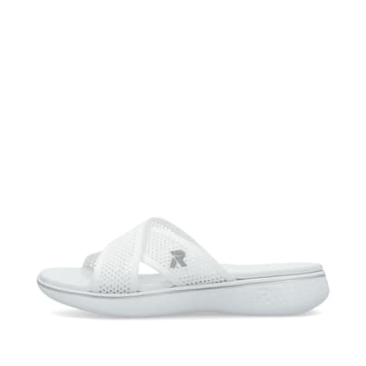 Weiße vegane Rieker Damen Pantoletten V2105-80 mit einer ultraleichten Sohle. Schuh Außenseite.