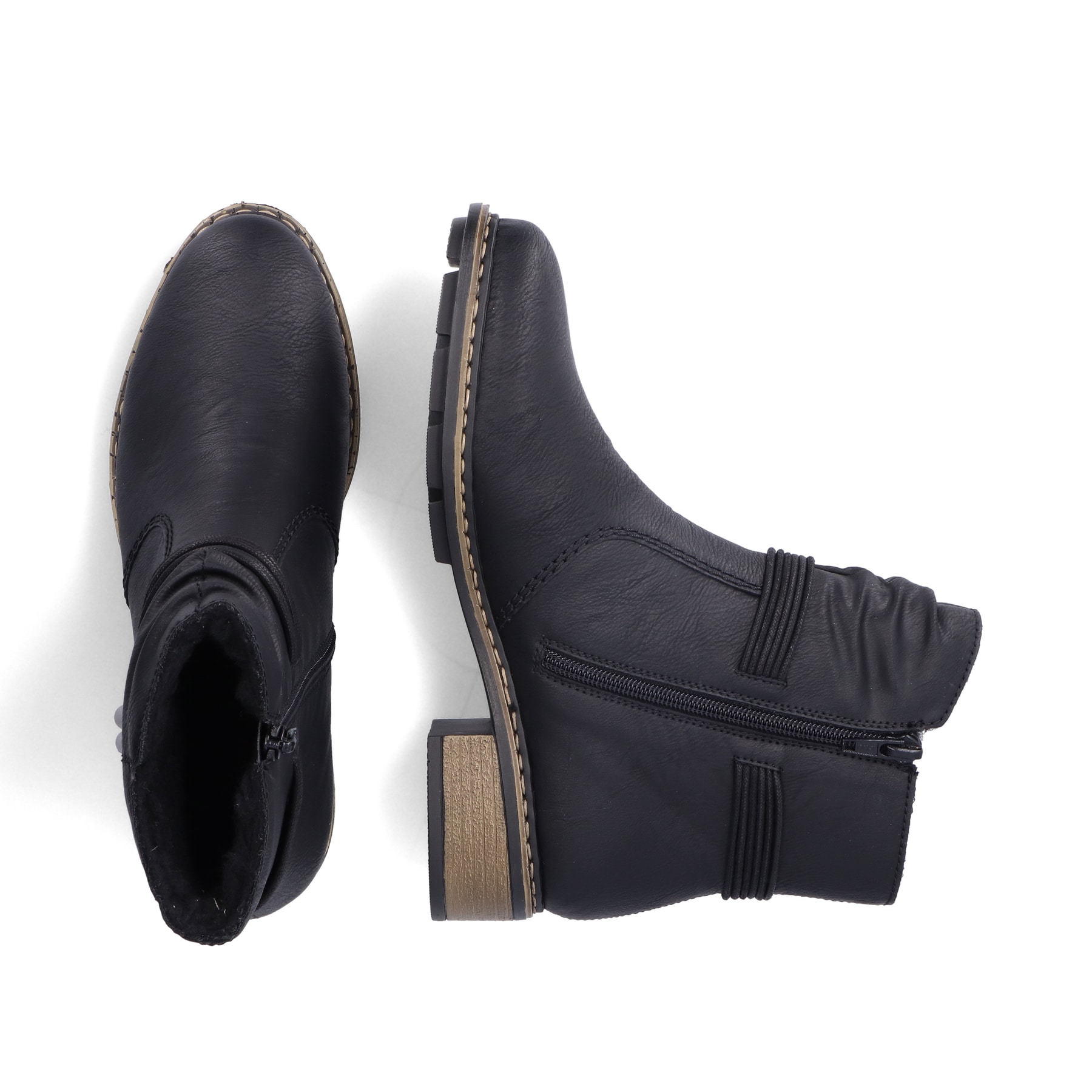 Schwarze Rieker Damen Stiefeletten 77263-00 mit dekorativer Kordel. Schuh von oben, liegend.