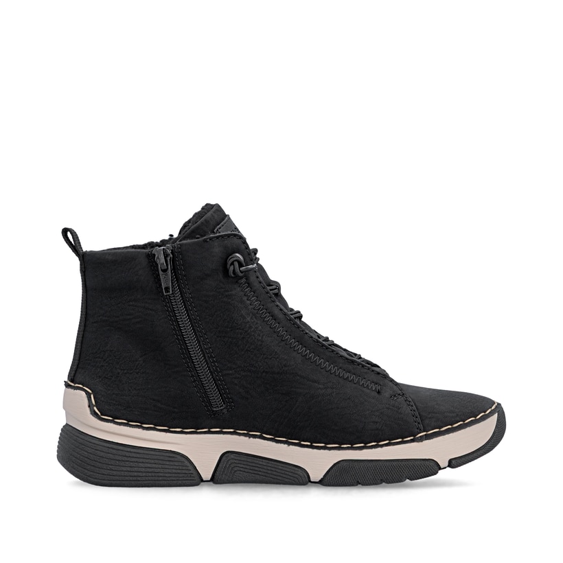 Schwarze Rieker Damen Schnürstiefel 45912-00 mit markanter Anflechter-Naht. Schuh Innenseite.