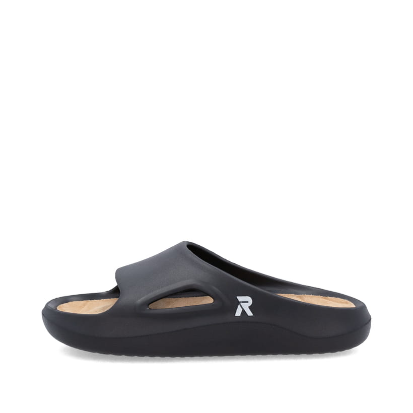 Schwarze Rieker Damen Pantoletten W3350-00 mit flexibler und ultraleichter Sohle. Schuh Außenseite.