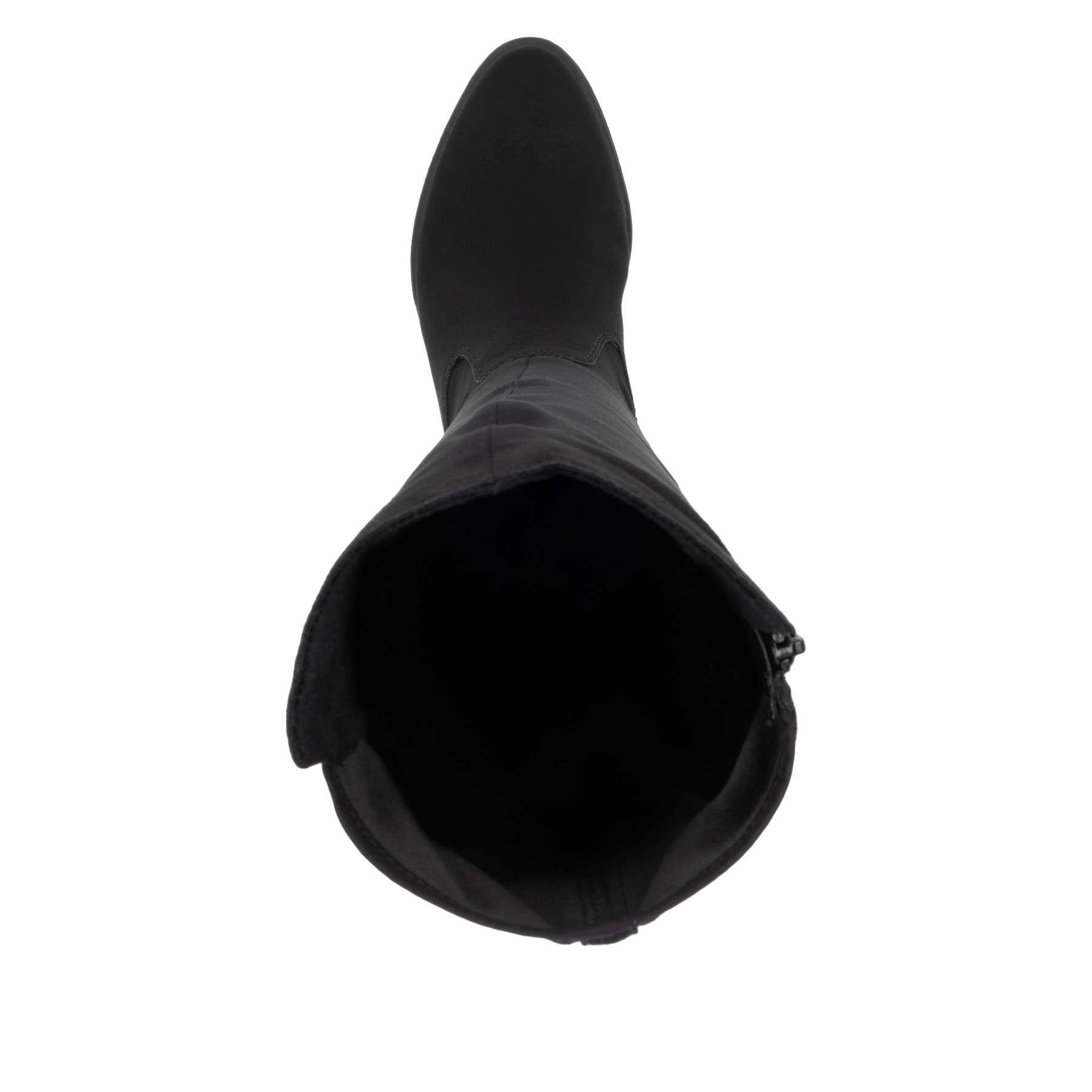 Schwarze Rieker Damen Hochschaftstiefel Y2050-01 mit einem Reißverschluss. Schuh von oben.