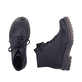 Schwarze Rieker Damen Biker Boots 78240-00 mit einem Reißverschluss. Schuh von oben, liegend.