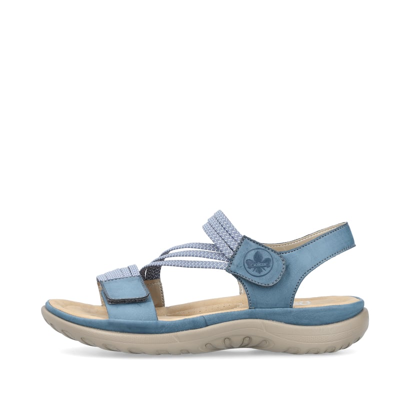 Blaue vegane Rieker Damen Trekkingsandalen 64870-14 mit einem Klettverschluss. Schuh Außenseite.