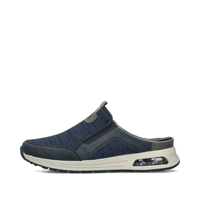 Blaue Rieker Herren Clogs B1091-14 mit Rieker Air Sohlenfenster sowie Gummizug. Schuh Außenseite.