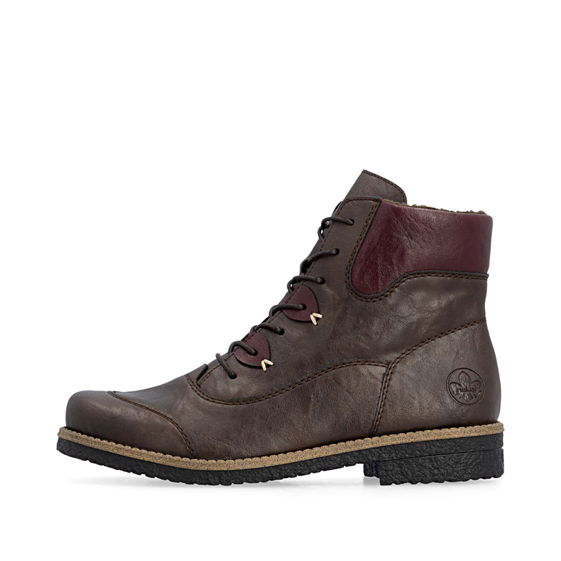 Dunkelbraune Rieker Damen Schnürstiefel 73510-26 mit einem Reißverschluss. Schuh Außenseite.