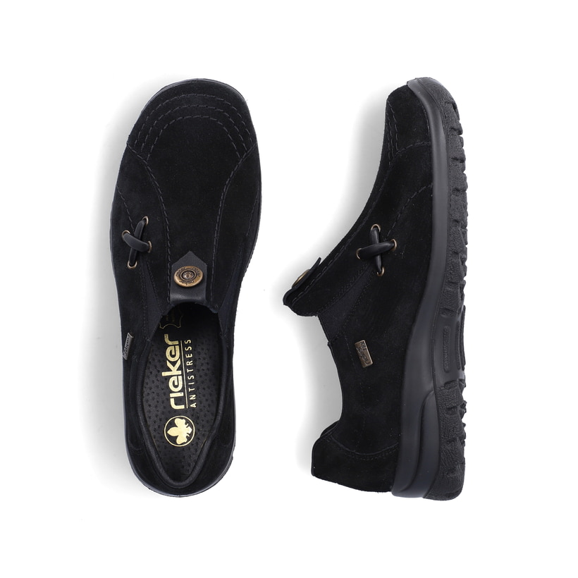 Schwarze Rieker Damen Slipper L7171-00 aus Rauleder. Schuh von oben, liegend.
