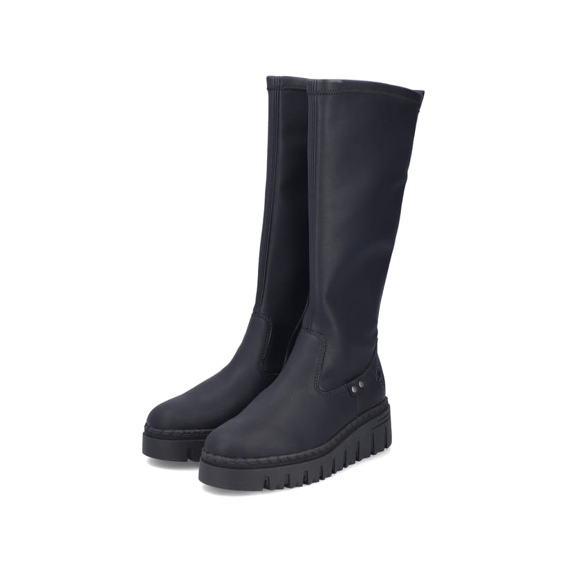 Schwarze Rieker Damen Hochschaftstiefel Z8990-00 mit einem Reißverschluss. Schuhpaar seitlich schräg.