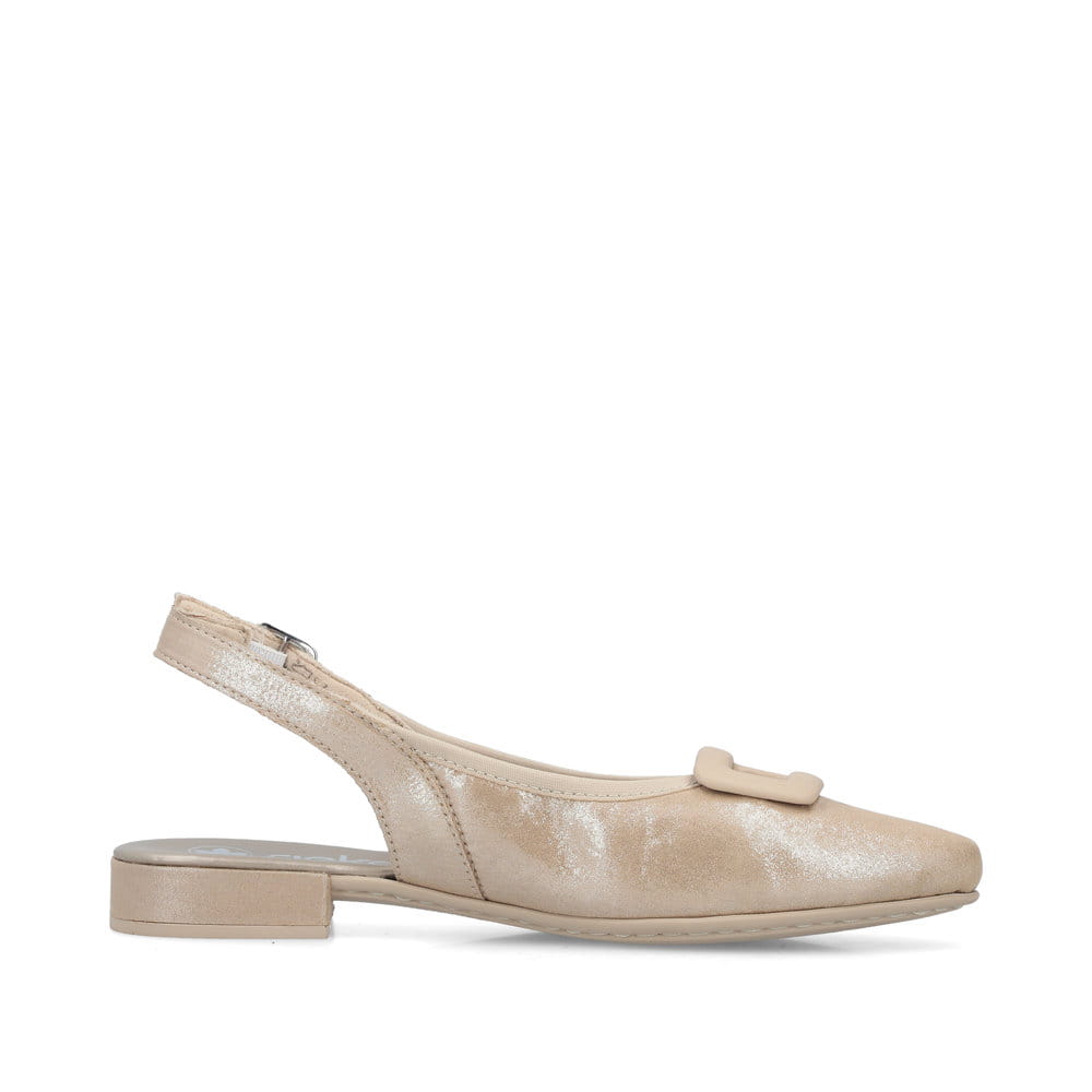 Beige Rieker Slingpumps 43150-60 mit Schnallen sowie einer leichten Sohle. Schuh Innenseite.