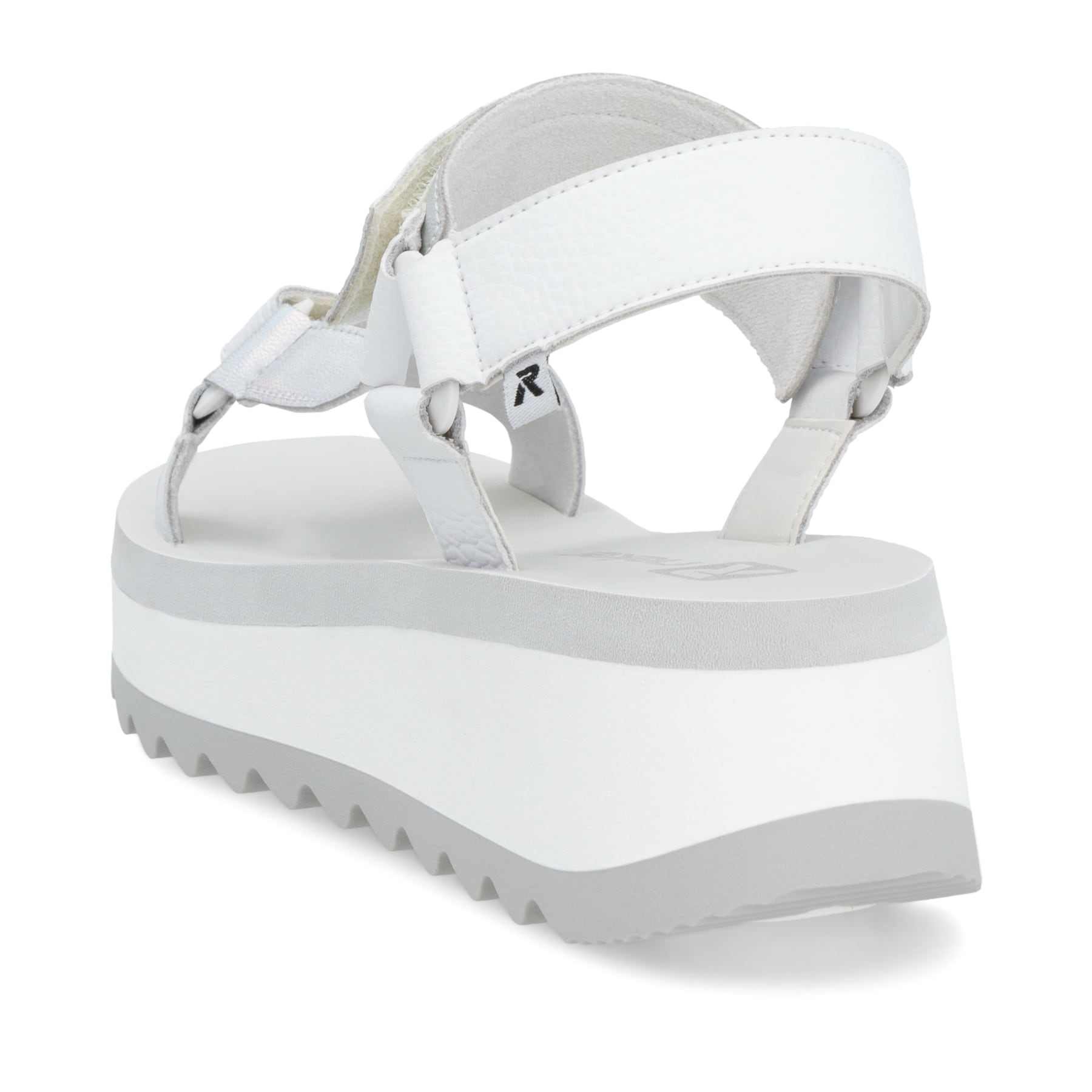Weiße Rieker Damen Riemchensandalen W3051-80 mit einem Klettverschluss. Schuh von hinten.
