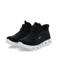 Schwarze Rieker Damen Sneaker Low M6066-01 mit Gummizug sowie flexibler Sohle. Schuhpaar seitlich schräg.