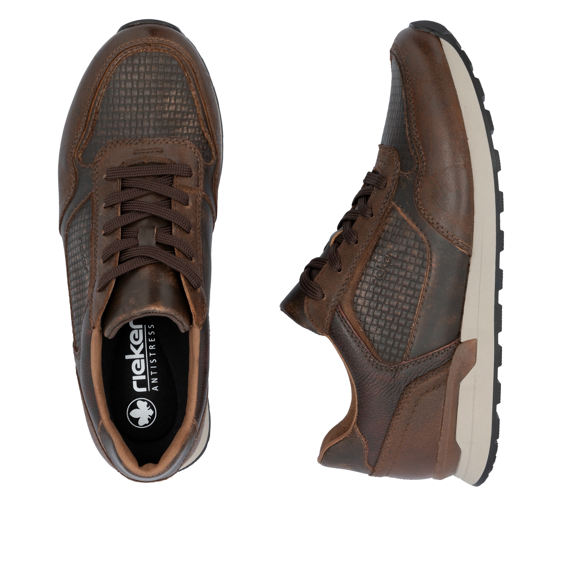 Braune Rieker Herren Sneaker Low U0311-25 aus Glattleder mit einer Schnürung. Schuh von oben, liegend.