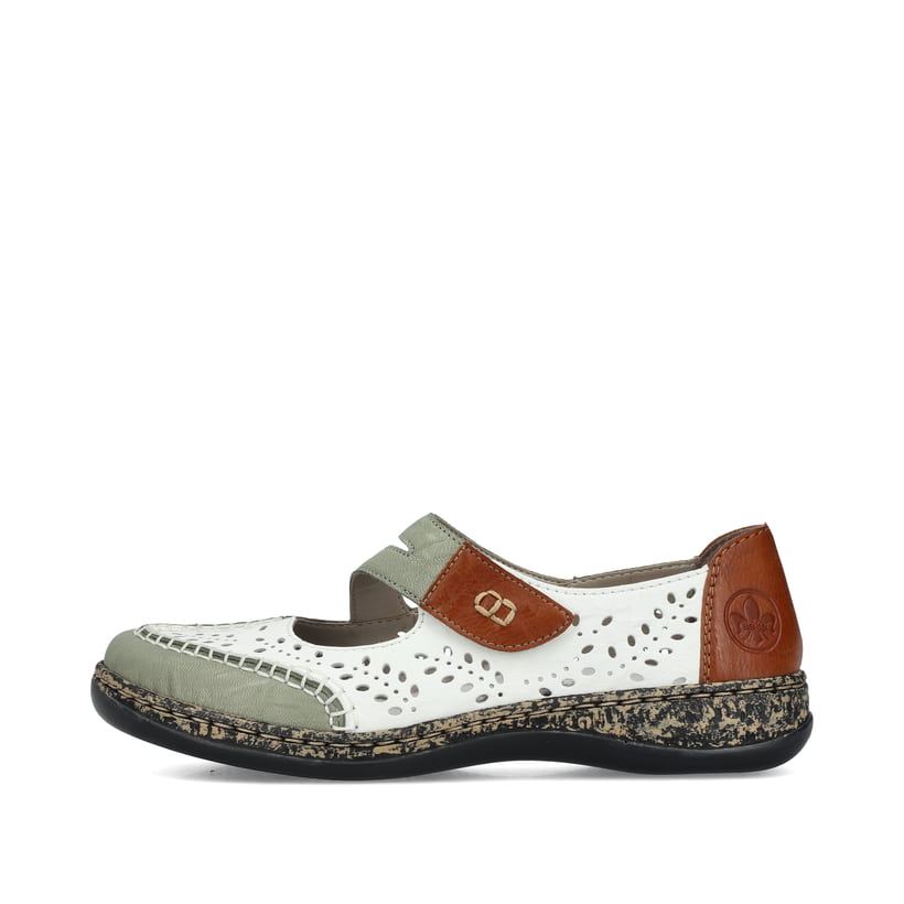 Weiße Rieker Ballerinas 46363-90 mit einem Klettverschluss. Schuh Außenseite.