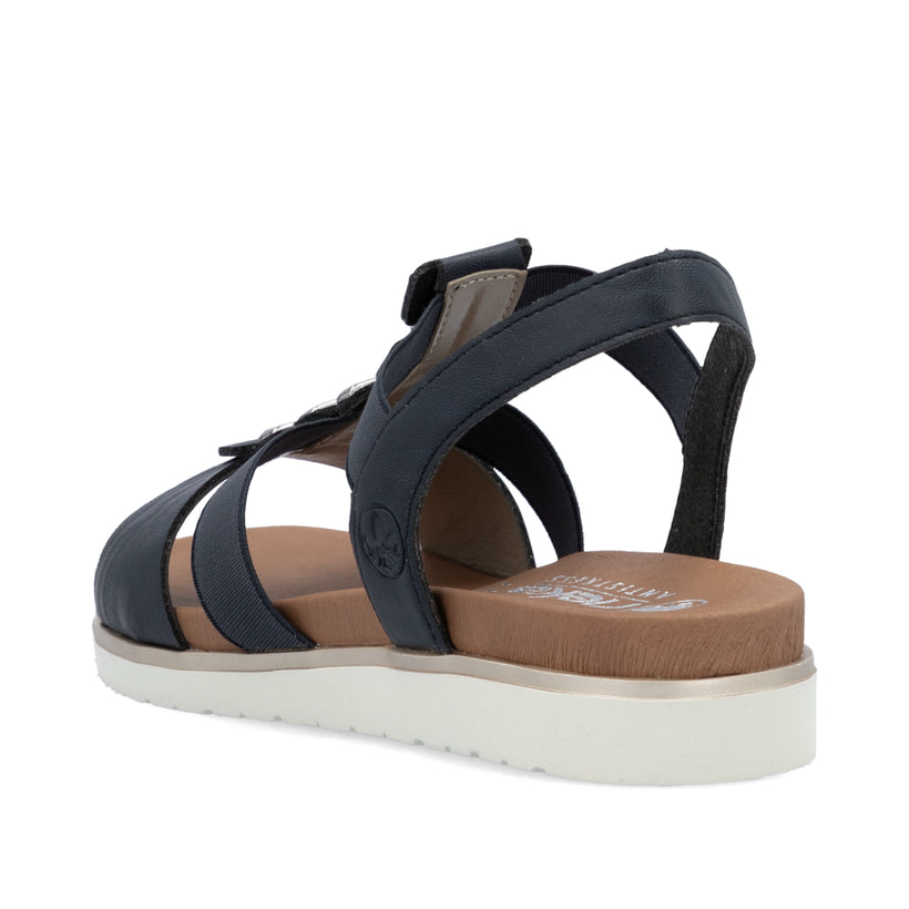 Blaue Rieker Damen Riemchensandalen V5051-14 mit Schmuckelementen sowie Gummizug. Schuh von hinten.