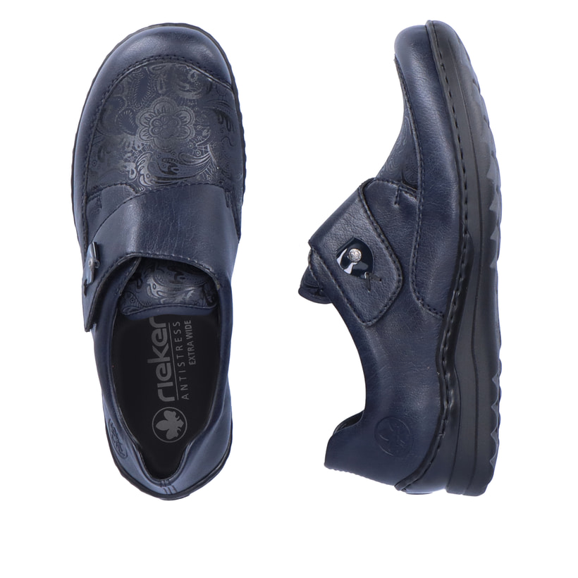 Mocassins Rieker bleus pour femmes 48951-14 avec fermeture velcro. Chaussure vue de dessus, couchée.