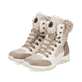 
Braunbeige Rieker Damen Schnürstiefel M9644-60 mit Schnürung sowie einer Profilsohle. Schuhpaar schräg.
