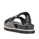 Schwarze Rieker Damen Pantoletten V9584-00 mit Schnallen sowie leichter Sohle. Schuh von hinten.