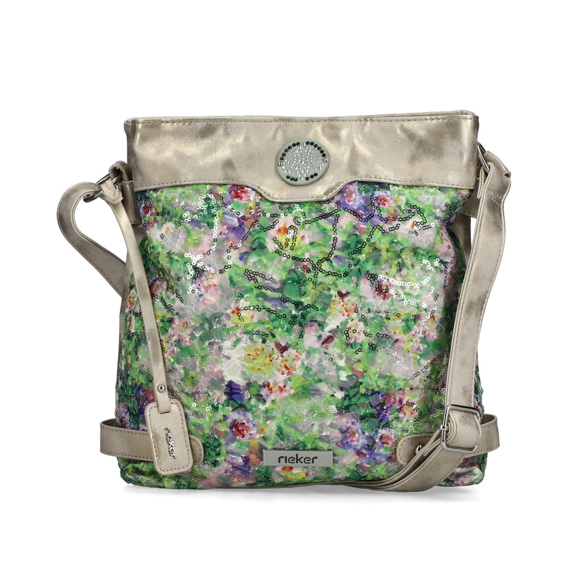 Sac à main Rieker H1304-90 vert brodé de sequins, de détails argentés et de fermeture éclair. Devant.