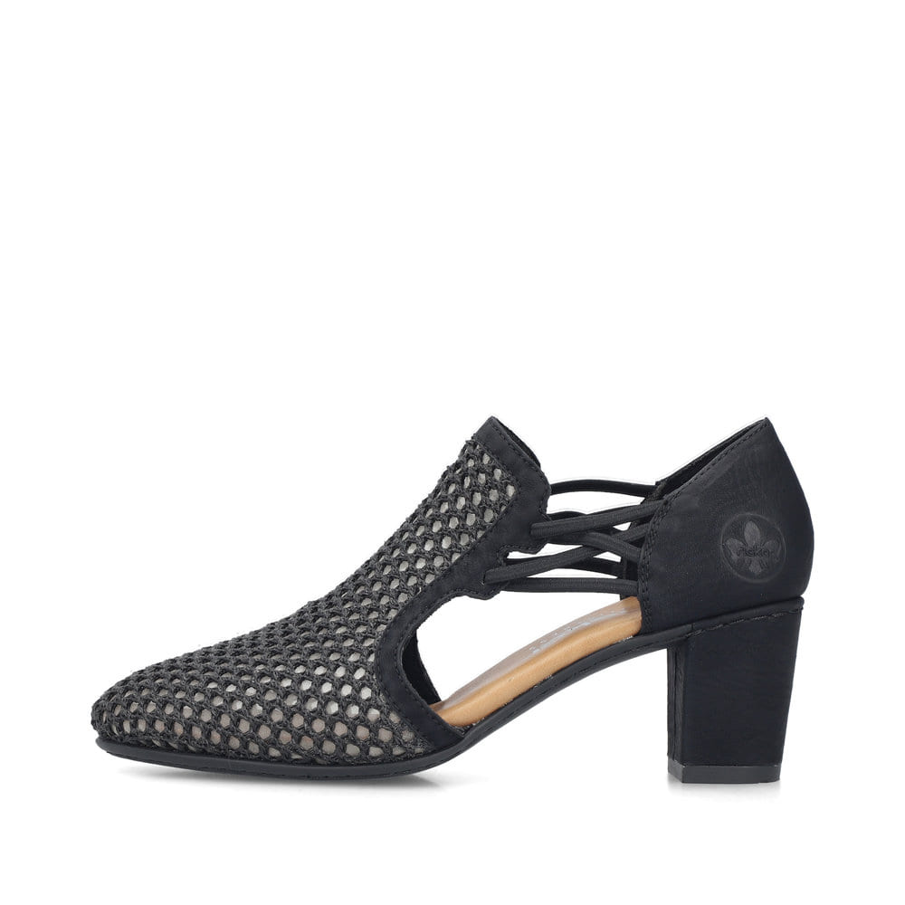 Escarpins Rieker noirs pour femme 41052-00 avec bande élastique. Côté extérieur de la chaussure.