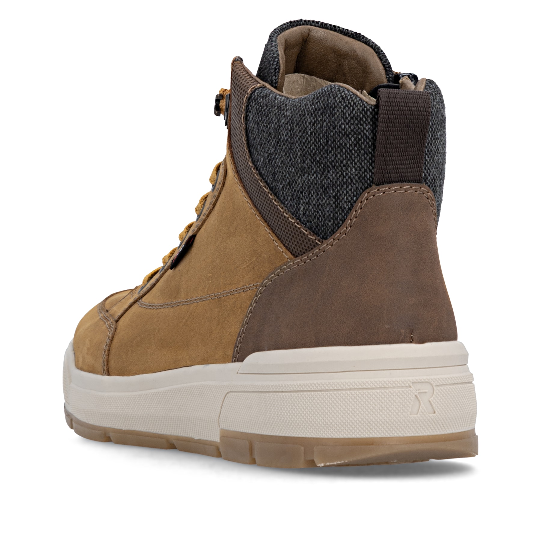 Goldgelb-braune Rieker Herren Schnürstiefel U0074-68 aus Rauleder. Schuh von hinten.