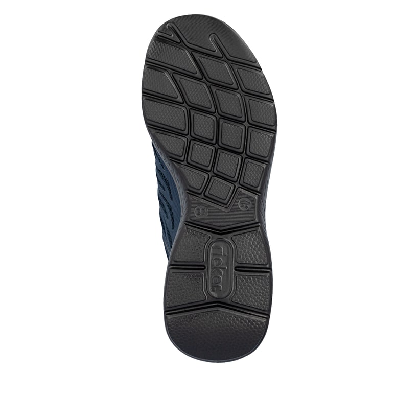 Vegane, dunkelblaue Rieker Damen Slipper M5080-14 mit einem Gummizug. Schuh Laufsohle.