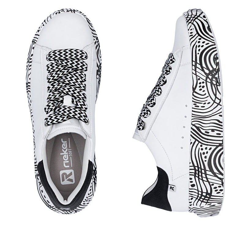 Baskets basses Rieker blanches pour femme W1201-83 en cuir lisse. Chaussure vue de dessus, couchée.