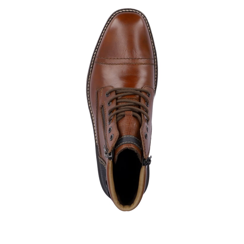 Braune Rieker Herren Schnürstiefel F1340-24 aus Glattleder mit Reißverschluss. Schuh von oben.