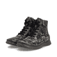 Schwarze Rieker Damen Schnürstiefel 53632-90 mit floralem Aufdruck. Schuhpaar seitlich schräg.