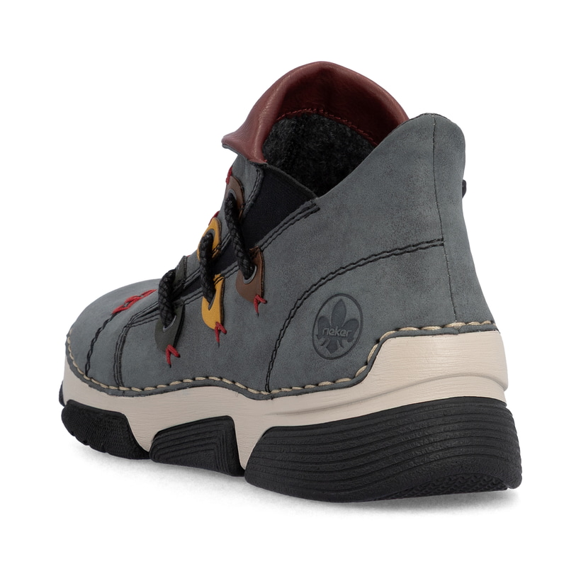 Jeansblaue Rieker Damen Kurzstiefel 45983-14 mit farbenfrohen Details. Schuh von hinten.