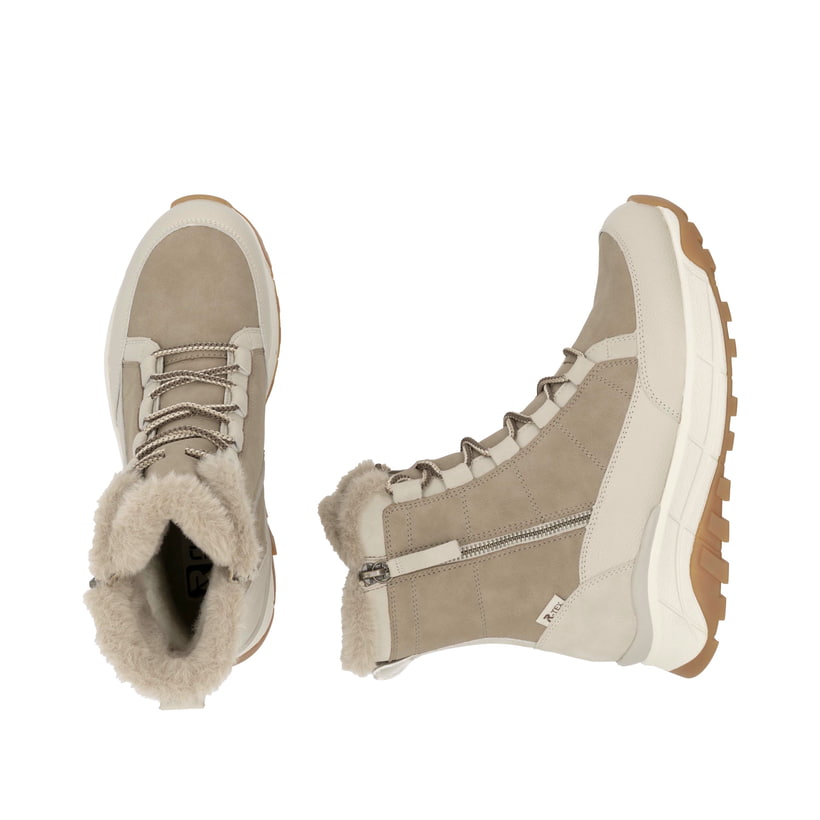 Beige Rieker Damen Schnürstiefel W0071-20 aus Glattleder. Schuh von oben, liegend.
