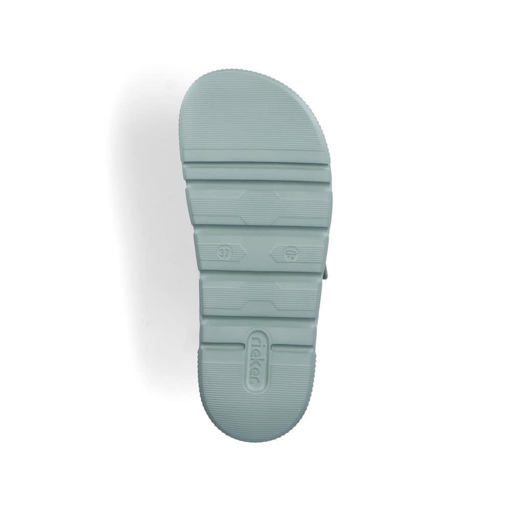 Grüne Rieker Damen Pantoletten P2180-52 mit Schnalle sowie einer flexiblen Sohle. Schuh Laufsohle.